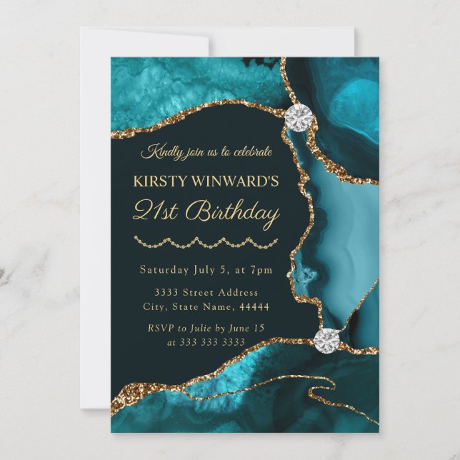 Teal and Gold Faux Glitter Agate Birthday Party Invitation (Front)