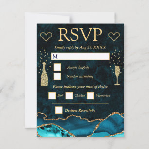 Teal and Gold Faux Glitter Agate Marble Wedding RSVP Card