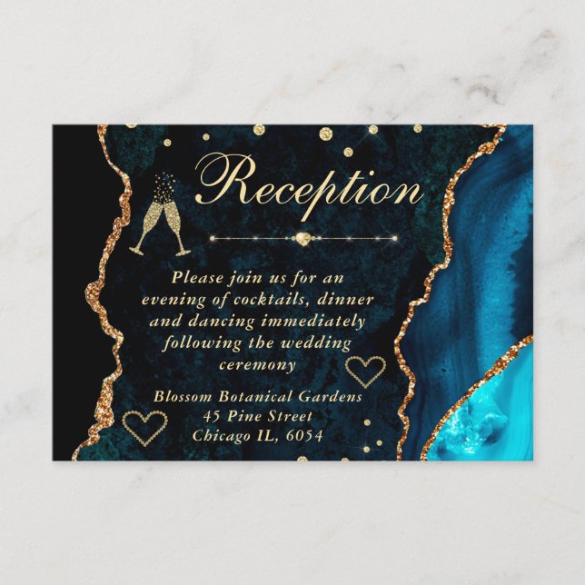 Teal and Gold Faux Glitter Agate Reception Enclosure Card (Front)