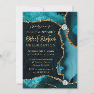 Teal and Gold Faux Glitter Agate Sweet 16 Invitation