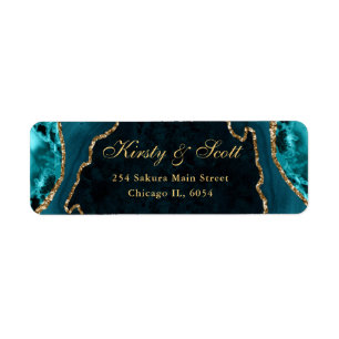 Teal and Gold Faux Glitter Agate Wedding address