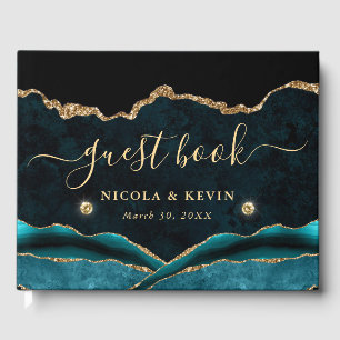 Teal and Gold Faux Glitter Agate Wedding Guest Book