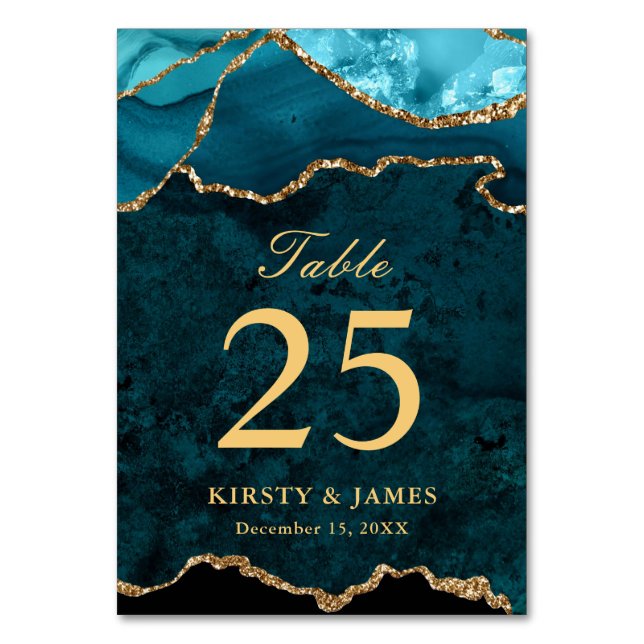 Teal and Gold Faux Glitter Agate Wedding Table Number (Front)