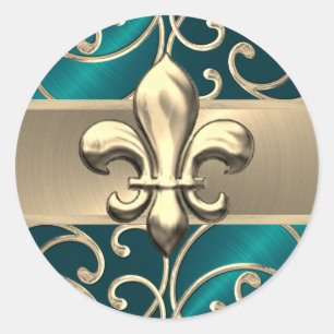 Teal and Gold Filigree Swirls Fleur de Lis Classic Round Sticker