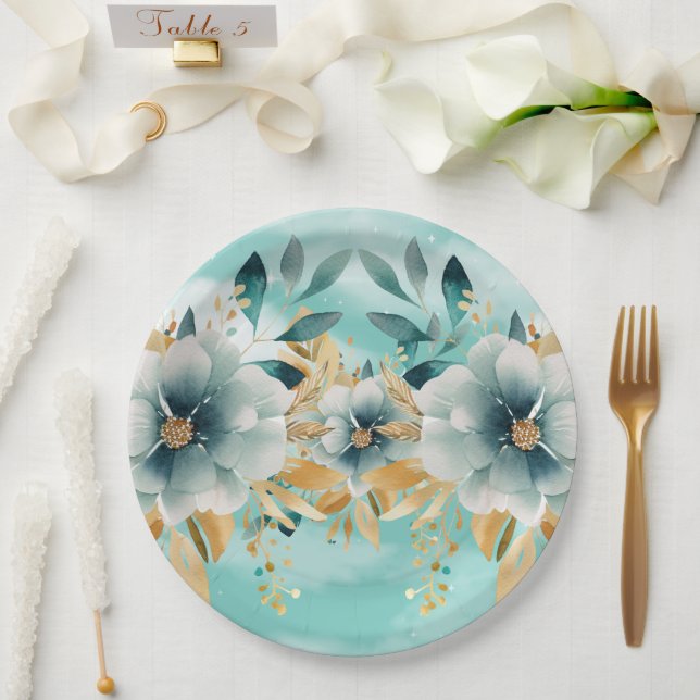 Teal and Gold Floral Elegant Paper Plate (Wedding)