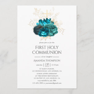 Teal and Gold Floral First Holy Communion Invitation