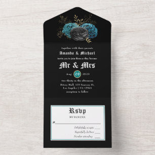 Teal and Gold Floral Gothic Wedding All In One Inv All In One Invitation