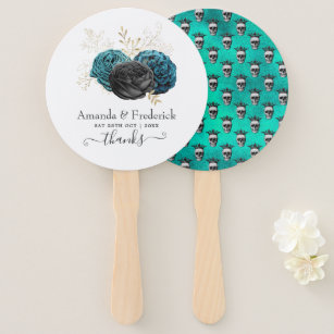 Teal and Gold Floral Gothic Wedding Hand Fan