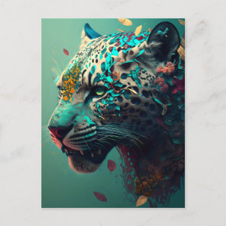Teal and gold floral jaguar postcard