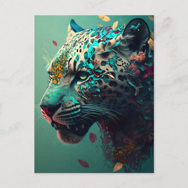 Teal and gold floral jaguar postcard (Front)