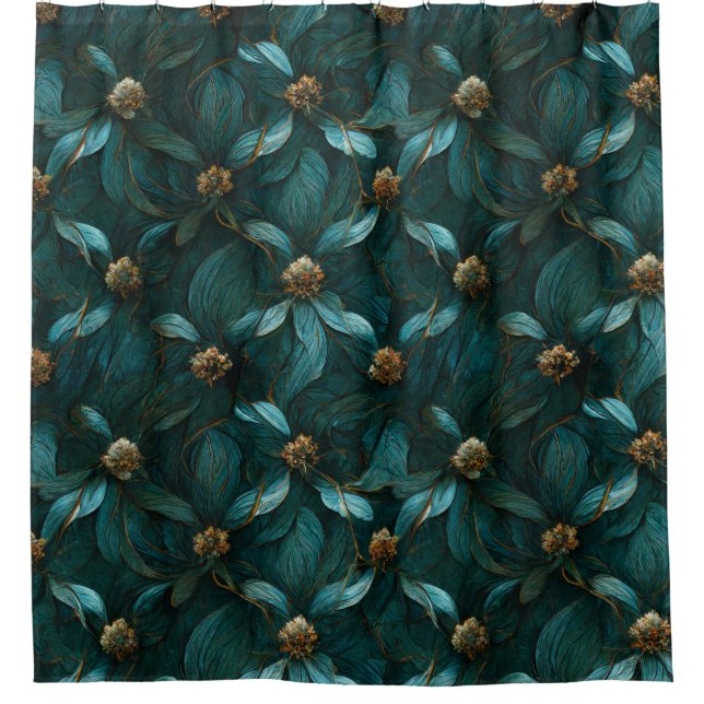 Teal and Gold Floral Pattern Shower Curtain (Front)