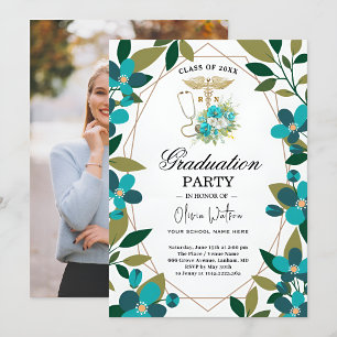 Teal and Gold Floral RN Graduation Invitation   Nu