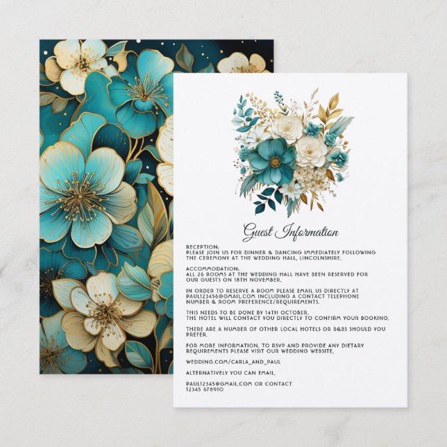 Teal and Gold Floral Wedding Guest Details Enclosure Card (Front/Back)