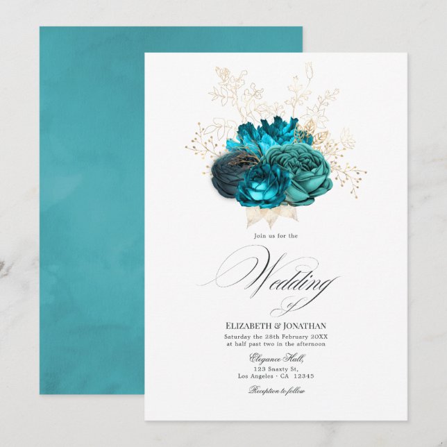 Teal and Gold Floral Wedding Invitation (Front/Back)