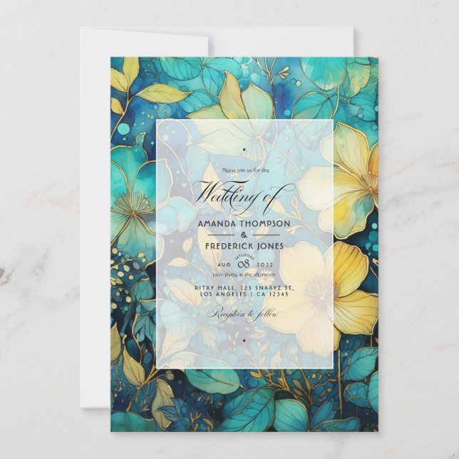 Teal and Gold Floral Wedding Invitation (Front)