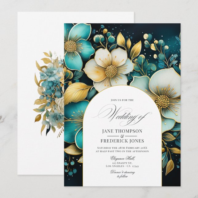 Teal and Gold Floral Wedding Invitation (Front/Back)