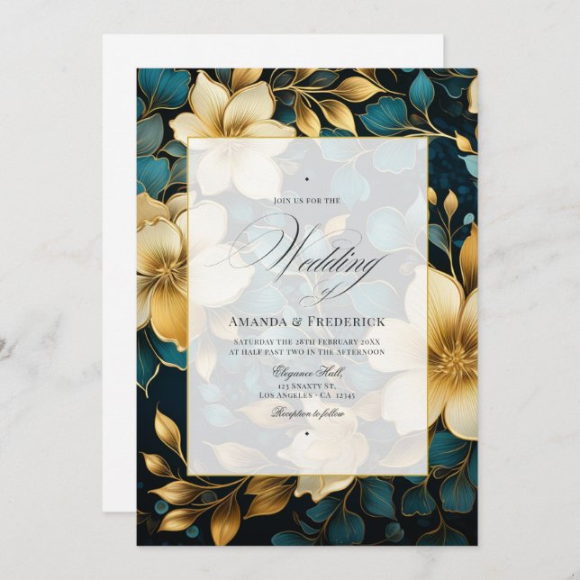 Teal and Gold Floral Wedding Invitation (Front/Back)