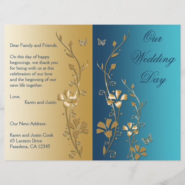 Teal and Gold Floral Wedding Program (Front)