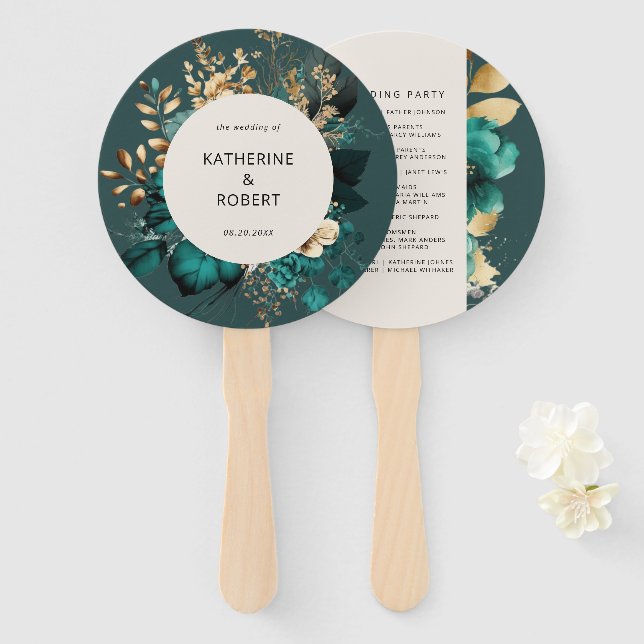 Teal and Gold Floral Wedding Program Hand Fan (Front and Back)