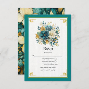 Teal and Gold Floral Wedding RSVP Card