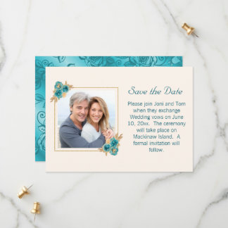 Teal and Gold  Floral Wedding RSVP Save The Date