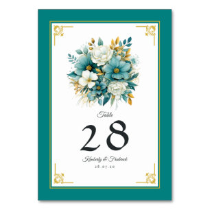 Teal and Gold Floral Wedding Table Number