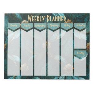 Teal and Gold Floral Weekly Planner Notepad