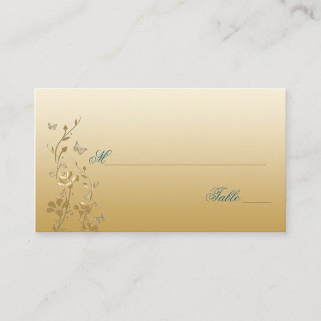 Teal and Gold Floral with Butterflies Placecards (Front)