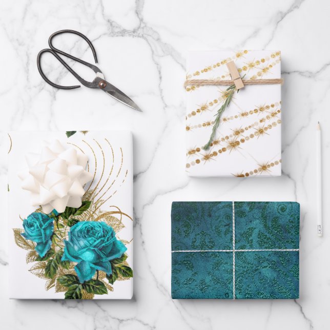 Teal and Gold Floral Wrapping Sheets (Front)