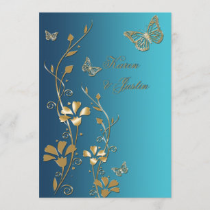 Teal and Gold Flowers and Butterflies Invitation
