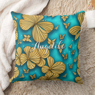 Teal and Gold Flowers Personalised Name Cushion