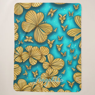 Teal and Gold Flowers Personalised Name Sherpa Blanket