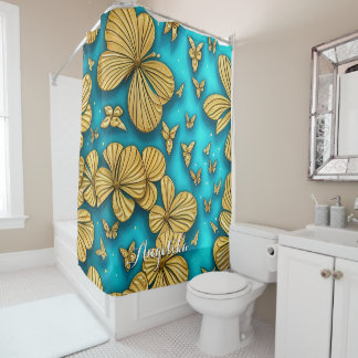 Teal and Gold Flowers Personalised Name Shower Curtain