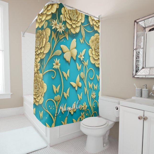 Teal and Gold Flowers Personalised Name Shower Curtain (In Situ)