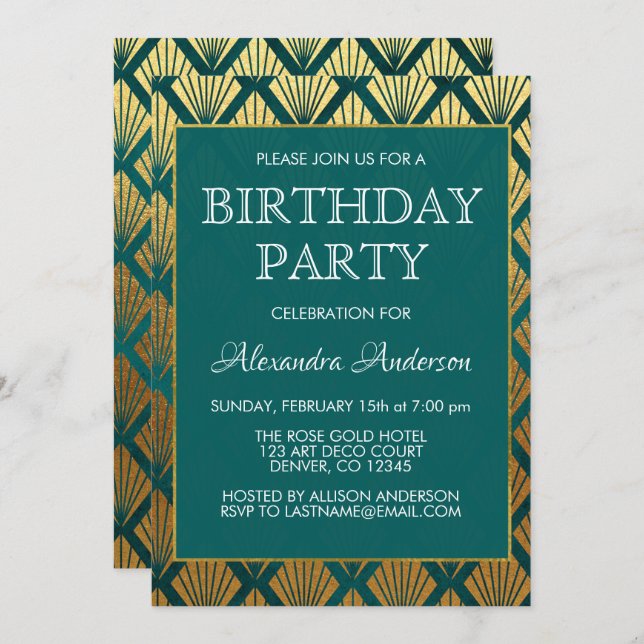 Teal and Gold Foil Art Deco Birthday Party Invitation (Front/Back)