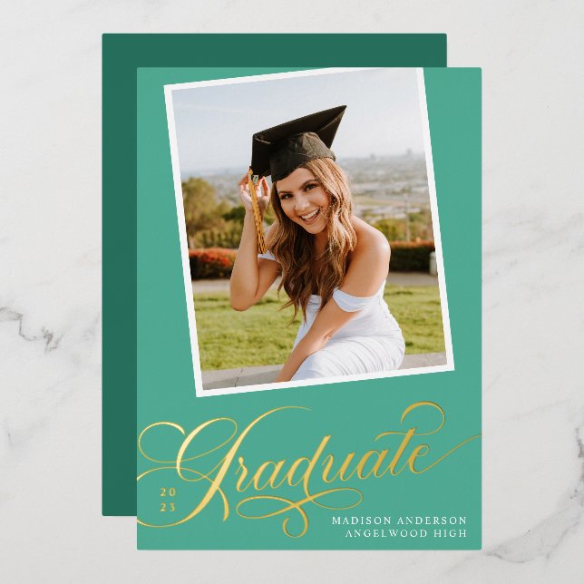 Teal and Gold Foil Graduation Announcement (Front/Back)