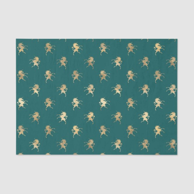 Teal and Gold Foil Unicorn Pattern Tissue Paper (Front)