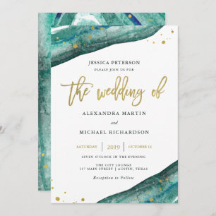 Teal and Gold Geode with Guest's Name Wedding Invitation