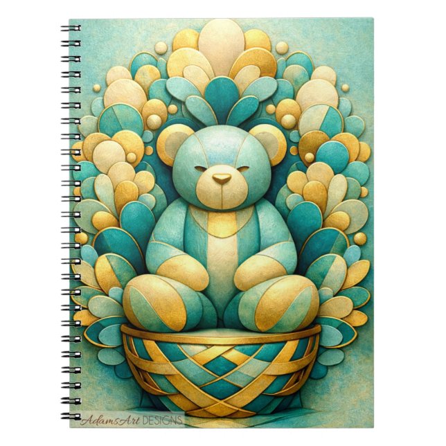Teal and Gold Geometric Teddy Bear Art Notebook (Front)