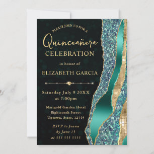 Teal and Gold Glam Tears Bokeh Quinceanera Invitation