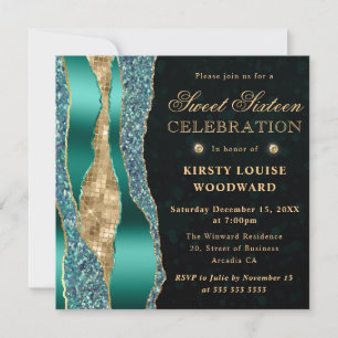 Teal and Gold Glam Tears Bokeh Sweet Sixteen Invitation