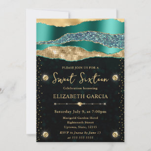 Teal and Gold Glam Tears Bokeh Sweet Sixteen Invitation