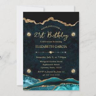 Teal and Gold Glitter Agate 21st Birthday Invitation