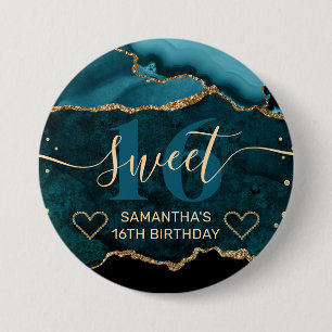 Teal and Gold Glitter Agate Marble Sweet 16  7.5 Cm Round Badge