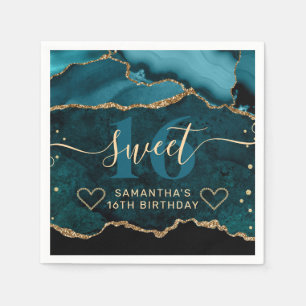 Teal and Gold Glitter Agate Marble Sweet 16 Napkin