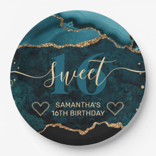 Teal and Gold Glitter Agate Marble Sweet 16  Paper Plate