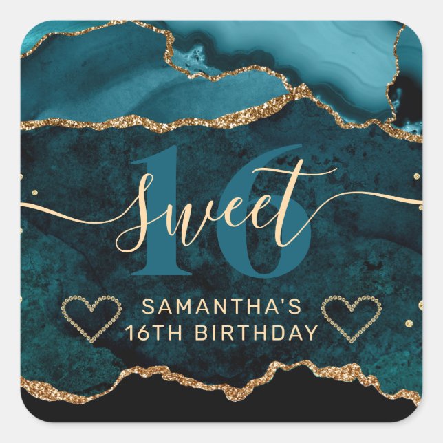 Teal and Gold Glitter Agate Marble Sweet 16  Square Sticker (Front)