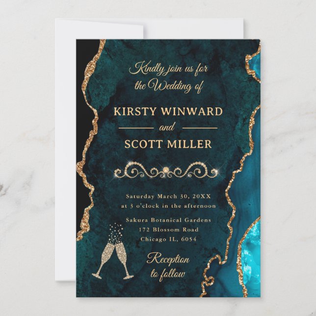 Teal and Gold Glitter Agate & Marble Wedding Invitation (Front)