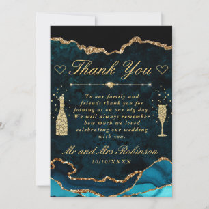 Teal and Gold Glitter Agate Marble Wedding Thank You Card