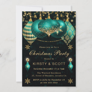 Teal and Gold Glitter Baubles Christmas Party Invitation